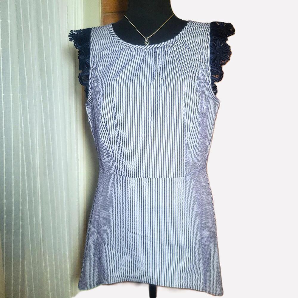 CAbi Lace Sleeve Flutter "Olivia" Seersucker Top Blue White Stripe - Size S